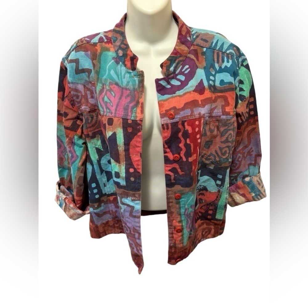 VTG Artsy Boxy Jean Jacket Sz M Colorful Graffiti Print Cotton Pockets Casual